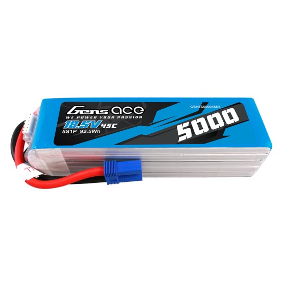 Gens Ace 5000mAh 5S 45C Lipo Battery Pack With EC5 Plug