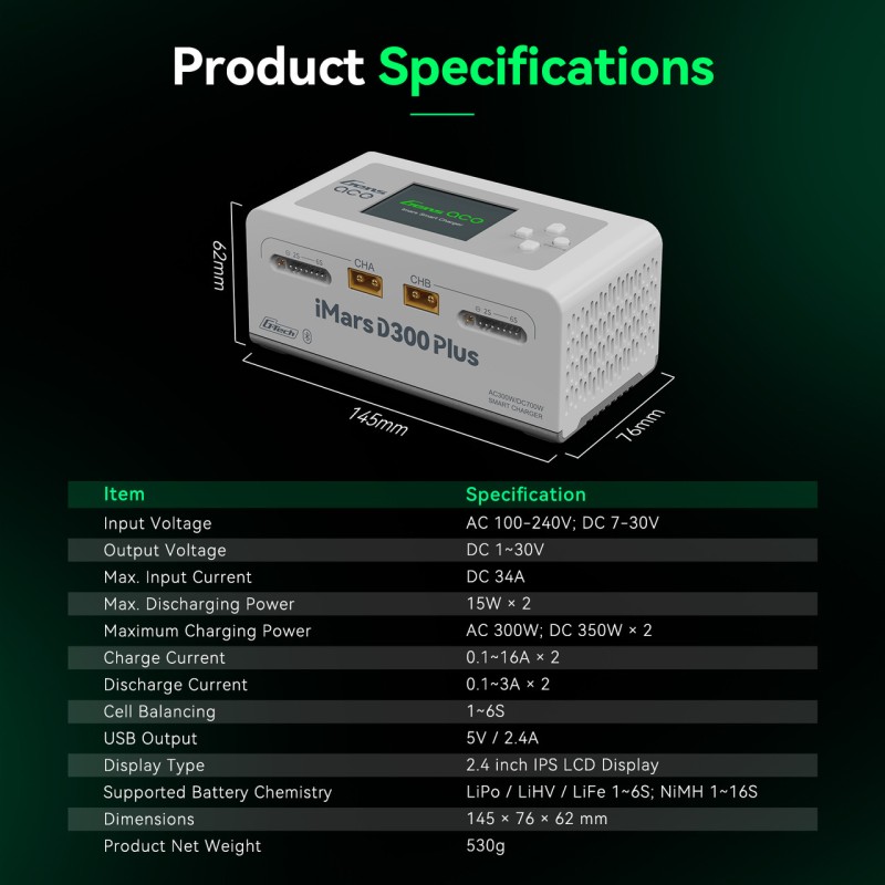 Gens ace iMars D300 Plus Smart Charger | Bluetooth App Control | G-Tech | Dual-Channel | Black