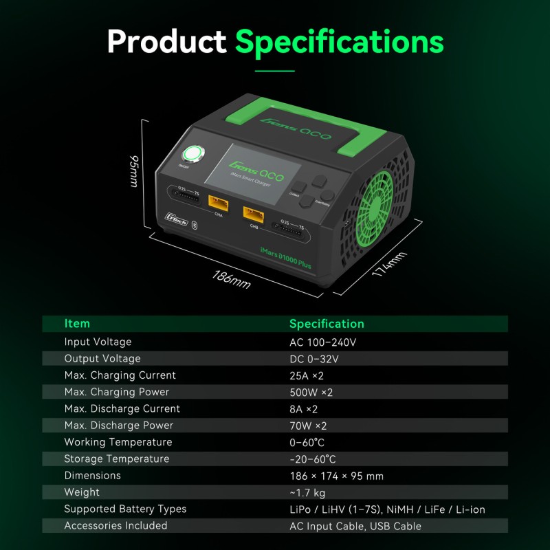 Gens ace iMars D1000 Plus Smart Charger | Bluetooth App Control | Dual Channel | G-Tech