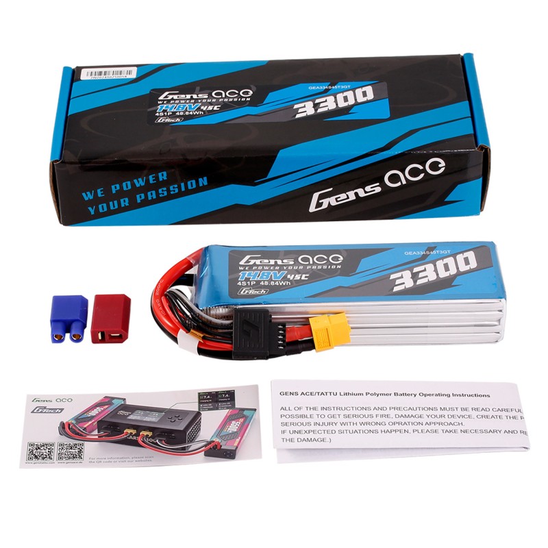 Gens Ace 3300mAh 4S 45C 14.8V G-Tech Lipo Battery Pack With EC3 And Deans Adapter