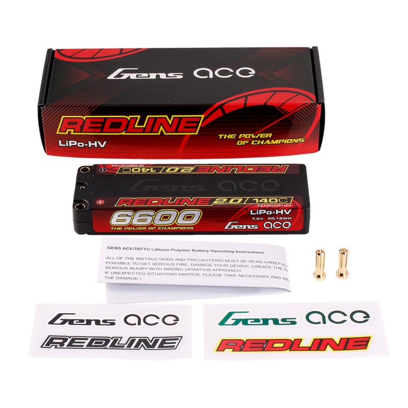 Gens Ace 6600mAh 2S 7.6V 140C HardCase 131# Redline 2.0 Series Lipo Battery With 5.0mm Bullet